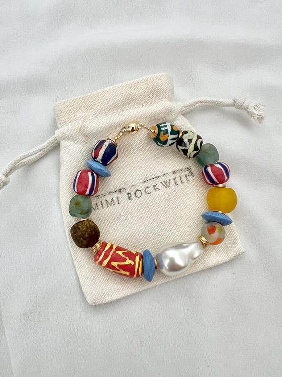 Multicoloured recycled African glass bead Baroque pearl bracelet