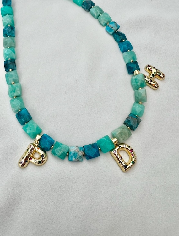 Custom gold Zircon letter Apatite and Amazonite crystal beaded gold necklace