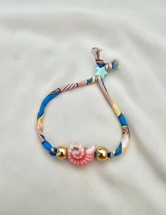 Pink shell star blue recycled scarf bracelet