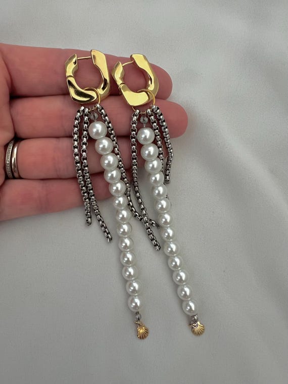 Pearl silver chain tassel dangle drop gold hoop earrings