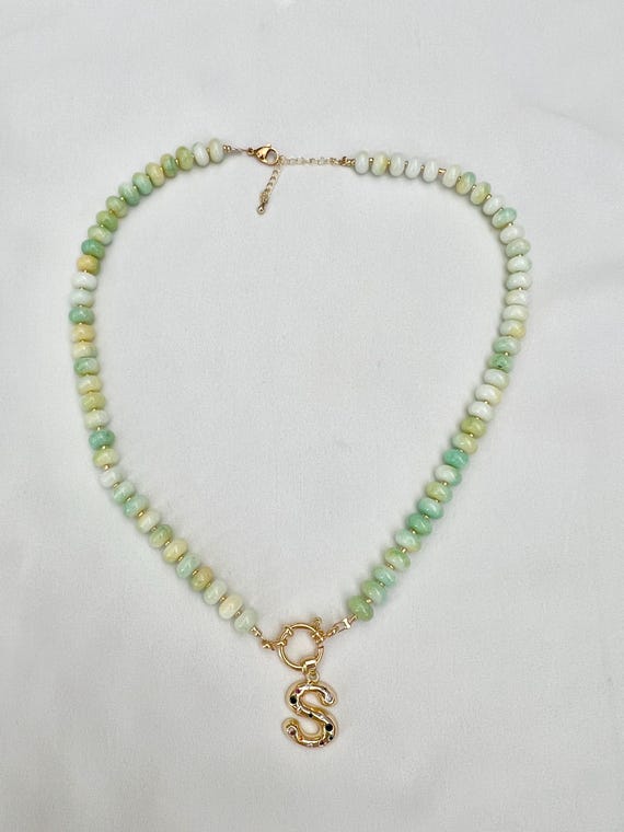 Custom gold Zircon letter light green glass beaded gold necklace