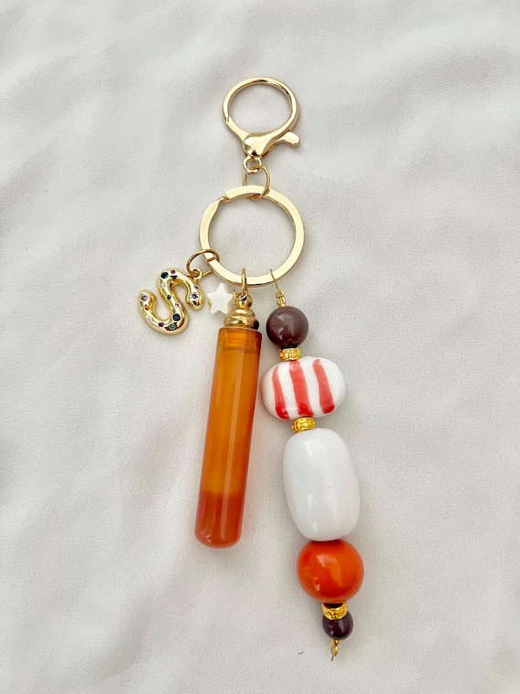 Red Agate crystal bottle custom gold letter vintage  bead bag key charm n.2