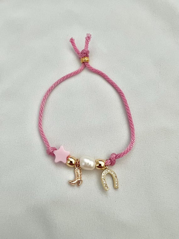 Horseshoe cowgirl boot star pearl pink string bracelet