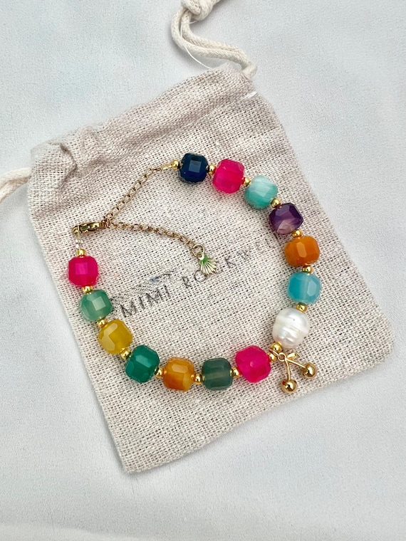 Mixed crystal pearl cherry charm gold bracelet