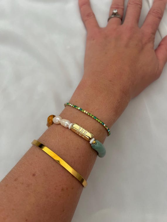 You are loved gold charm pearl green Jade Aventurine gemstone bead bracelet