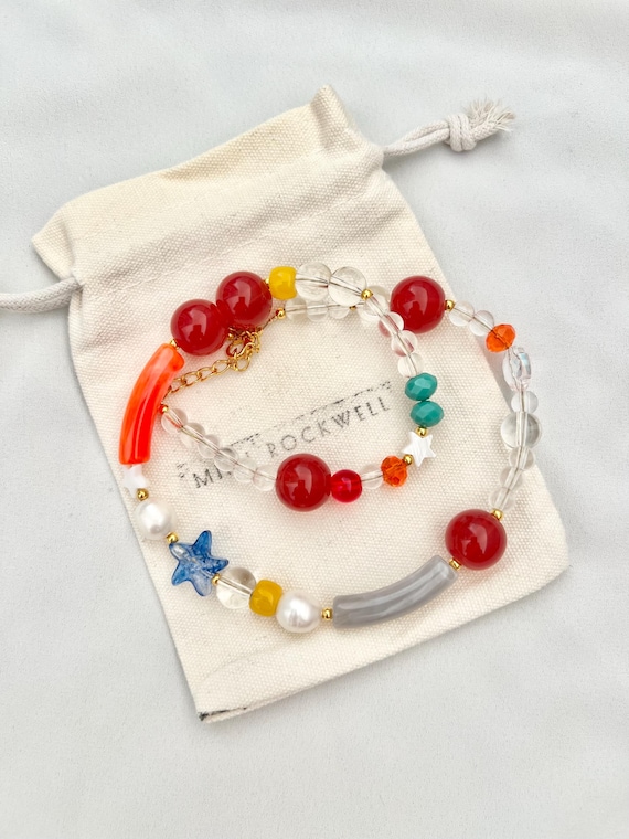 Clear bead multicoloured gold necklace