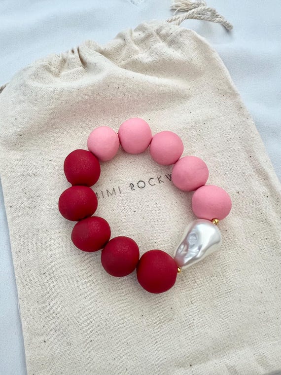 Pink red large handmade bead pearl bracelet