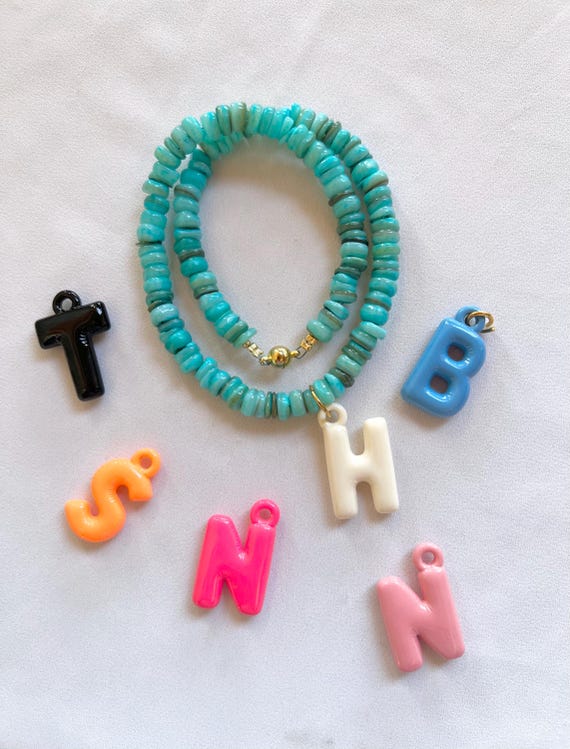 Kids custom balloon letter turquoise shell bead necklace