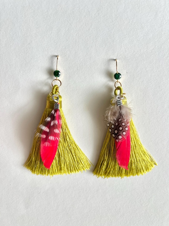 Green tassel red feather Zircon gold drop earrings