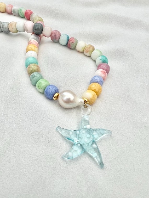 Baroque pearl starfish pastel bead stone glass necklace