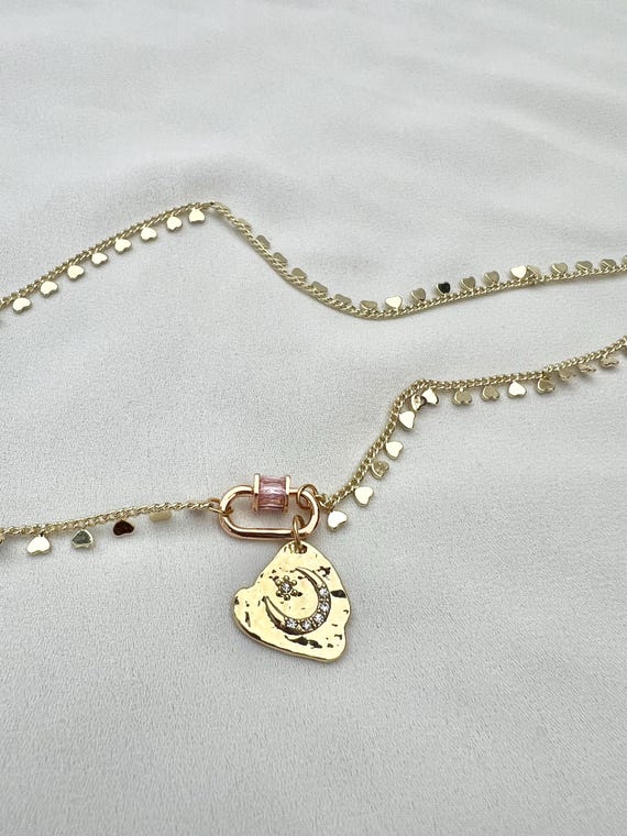 Short heart chain moon star pendant pink carabiner lock gold necklace