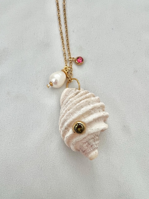 Natural shell pearl green pink Cubic Zirconia stone gold chain necklace