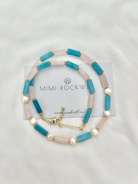 Freshwater pearl Rose Quartz blue Jade beaded gold necklace