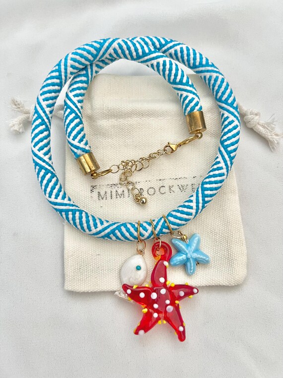 Starfish fish blue white raided cord rope gold necklace