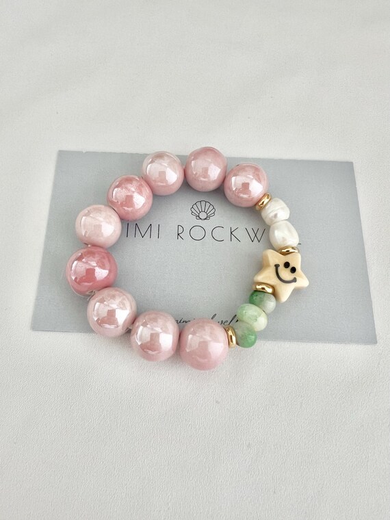 Pearl glass happy star pink ceramic bead elastic bracelet