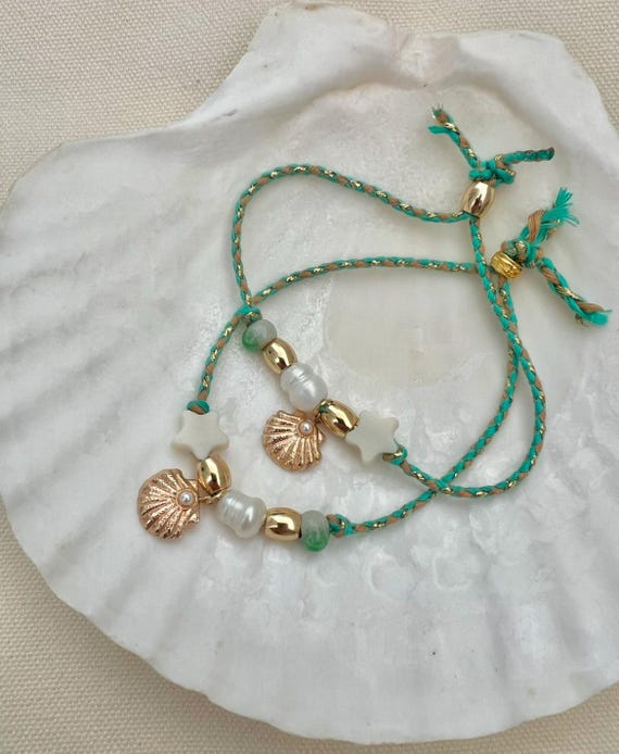 Gold shell pearl star mint green string bracelet