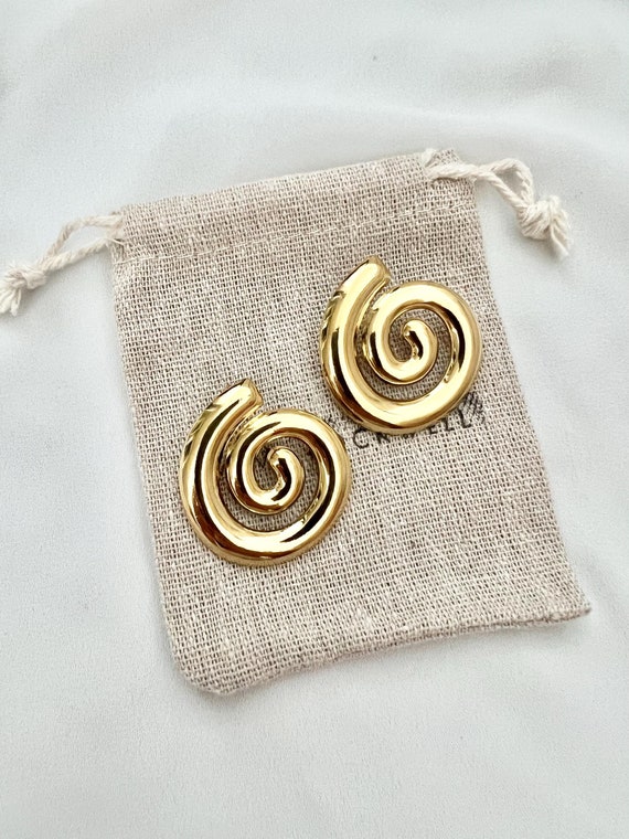 Gold spiral swirl large stud gold earrings