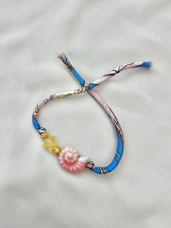 Pink shell star blue recycled scarf tie anklet