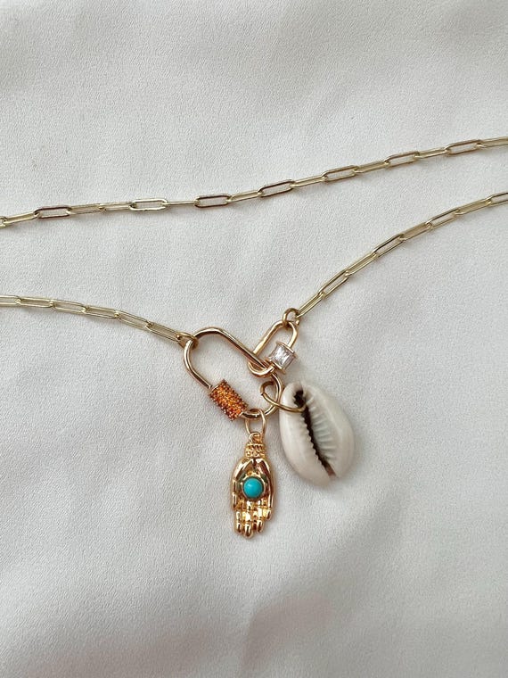 Shell Hamsa hand pendant Cubic Zirconia carabiner lock gold necklace