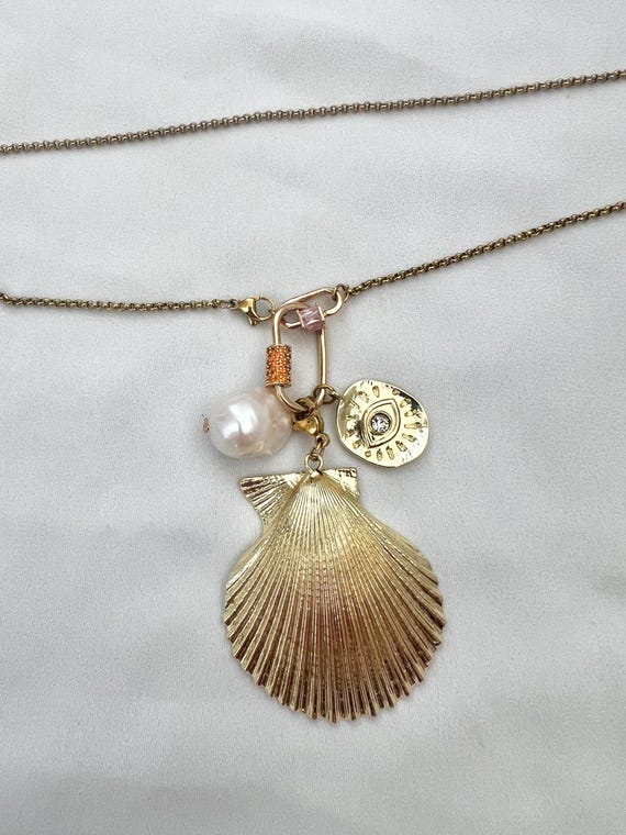 Gold plated shell evil eye Baroque pearl pendant long chain necklace