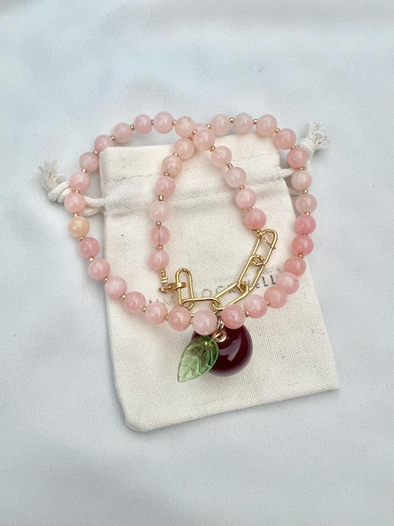 Cherry pendant Rose Quartz crystal beaded gold necklace