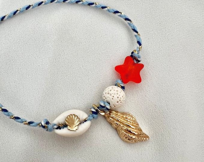 Shell red star kava stone string adjustable bracelet