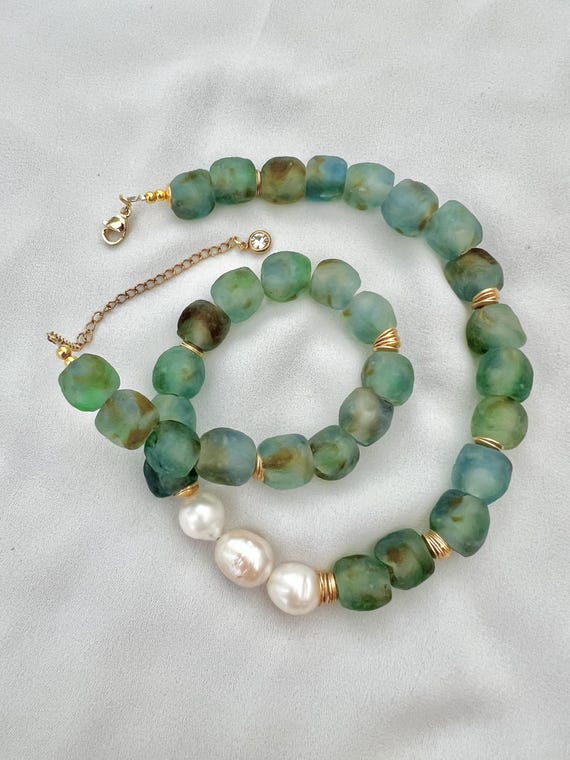Recycled ocean green African glass bead Freshwater pearl gold necklace