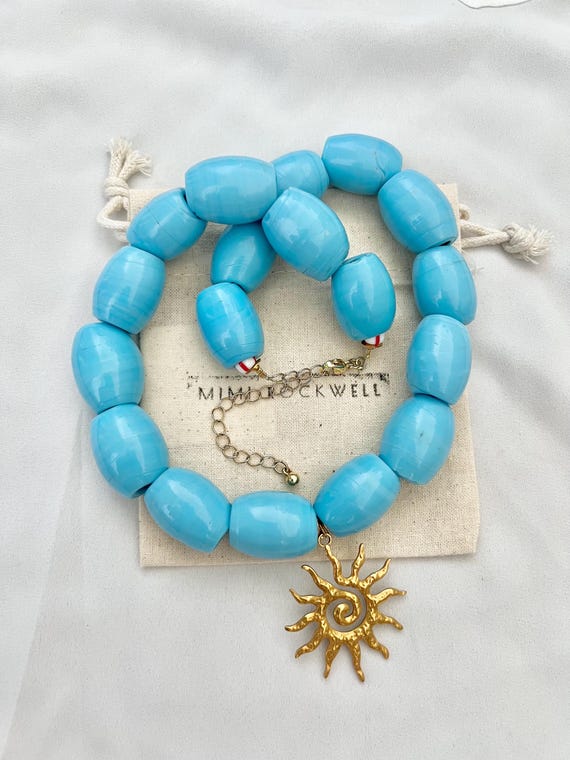 Sun pendant large vintage turquoise glass bead gold necklace