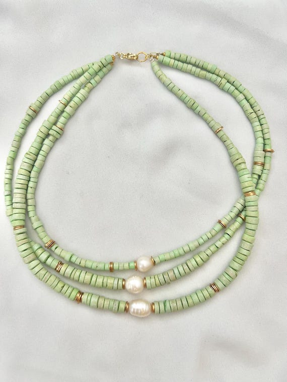 Pearl sea foam green beaded layered gold necklace