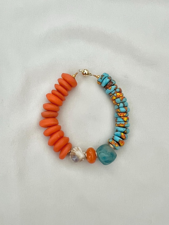 Recycled African orange blue glass shell bead bracelet