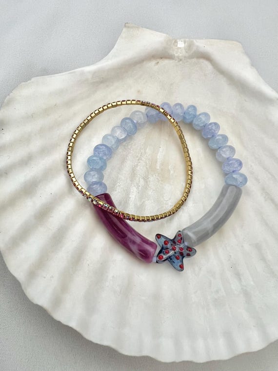 Lilac glass beads star and rhinestone tennis bracelet set