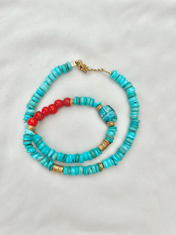 Scarab bead red and Turquoise shell bead necklace