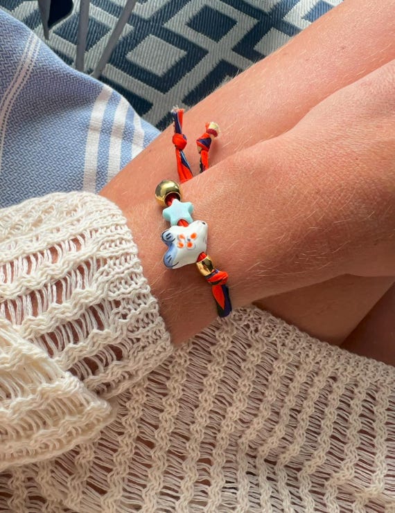 Red green blue recycled scarf ceramic dove charm bead bracelet