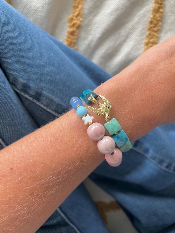 Pearl ceramic pink Aquamarine stone beaded bracelet