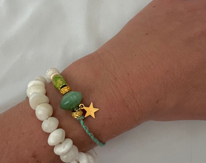 Gold green fish star green string adjustable bracelet