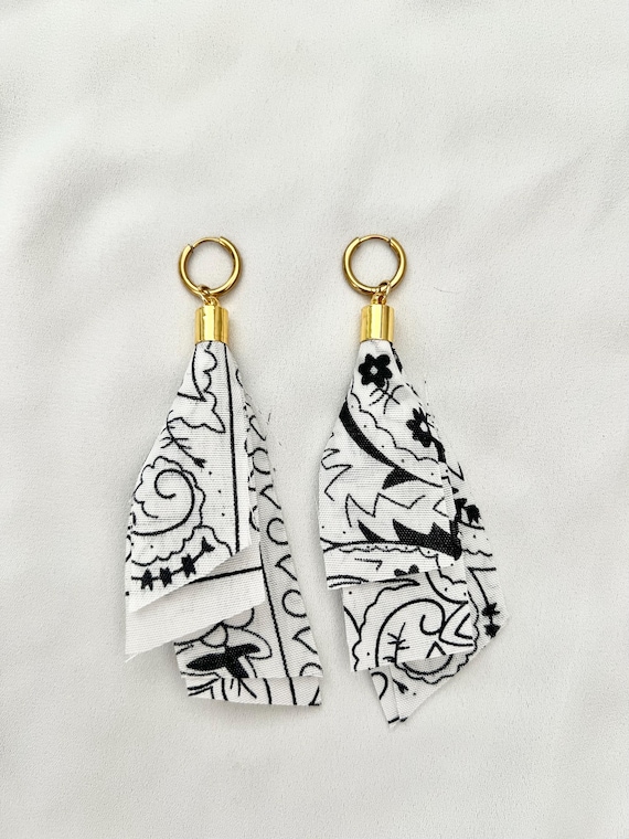White bandana tassel huggie hoop gold earrings