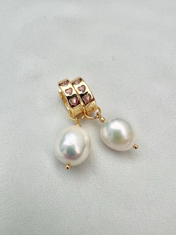 Baroque Freshwater pearl pink Zircon heart gold hoop earrings