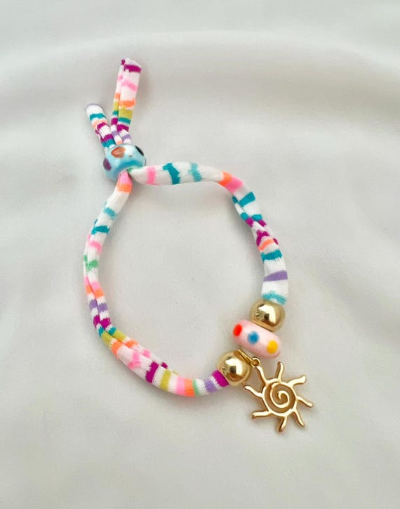Recycled bikini string cherry gold string bracelet