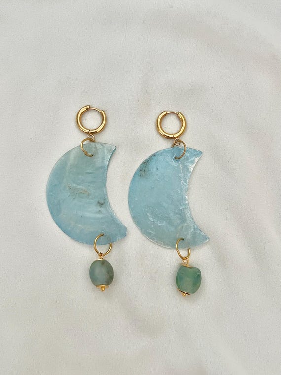 Pale blue Capiz shell moon glass bead gold hoop earrings