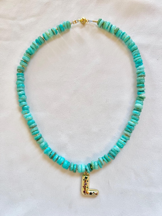 Kids custom gold Zircon letter Aqua blue freshwater shell bead magnetic lock necklace