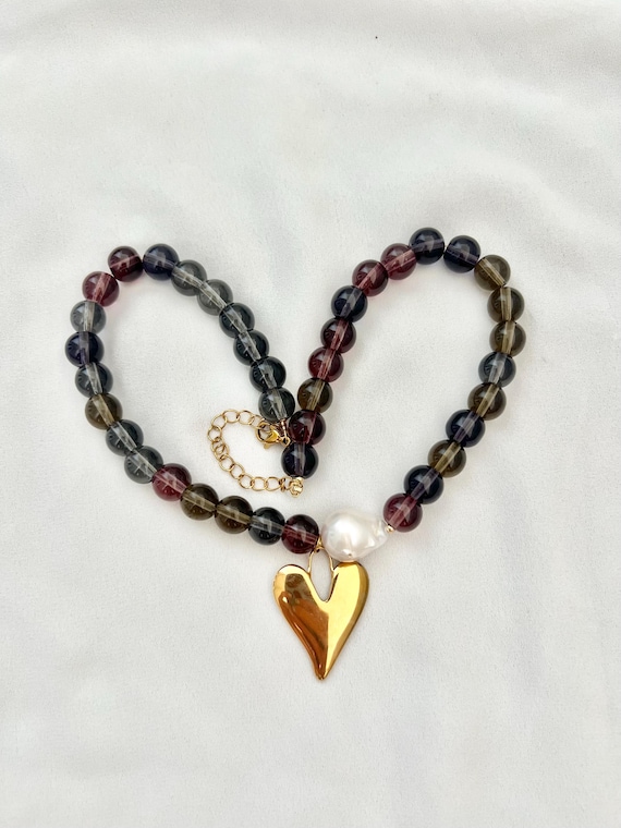 Heart pendant dark brown green glass bead Baroque pearl necklace