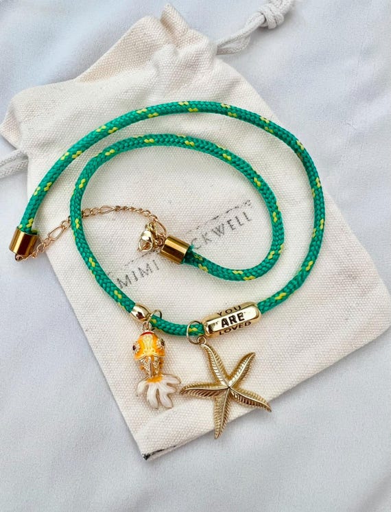 Cloisonné goldfish starfish you are loved charm green cord gold necklace