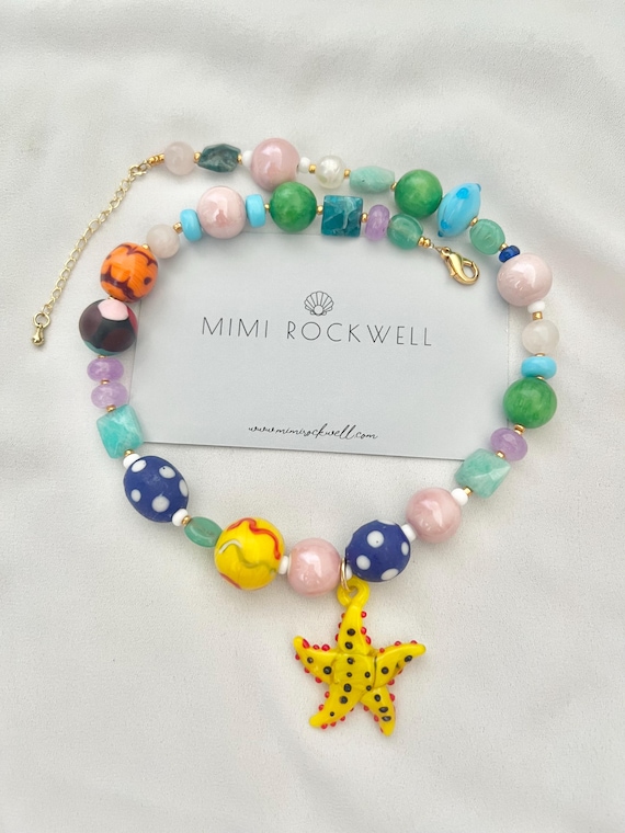 Starfish multicoloured large glass beaded gold necklace