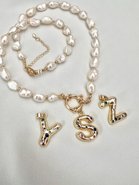 Custom gold Zircon bubble letter Baroque Freshwater pearl gold necklace