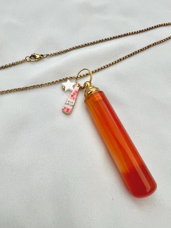 Love potion Red Agate crystal stone bottle long gold chain necklace