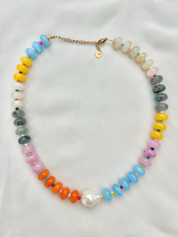 Baroque pearl multicoloured rondelle bead gold choker necklace