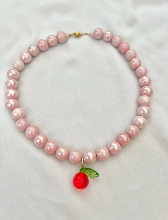 Cherry charm pink ceramic bead magnetic lock choker necklace
