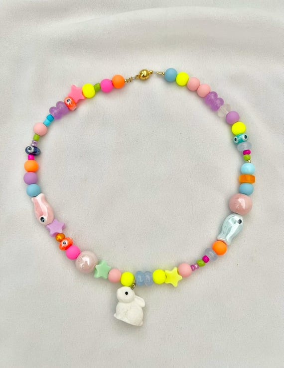 Kids bunny charm multicoloured bead necklace