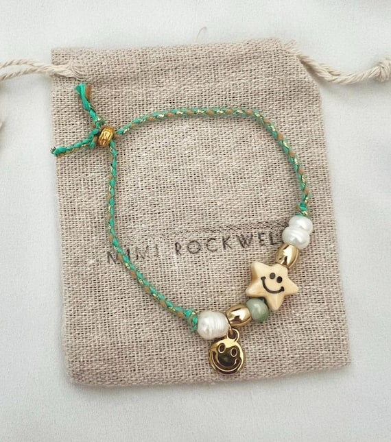 Smiley star and face pearl mint green string bracelet