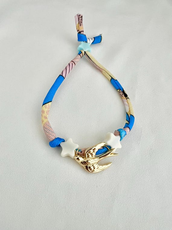 Gold swallow blue yellow recycled scarf string star bead bracelet